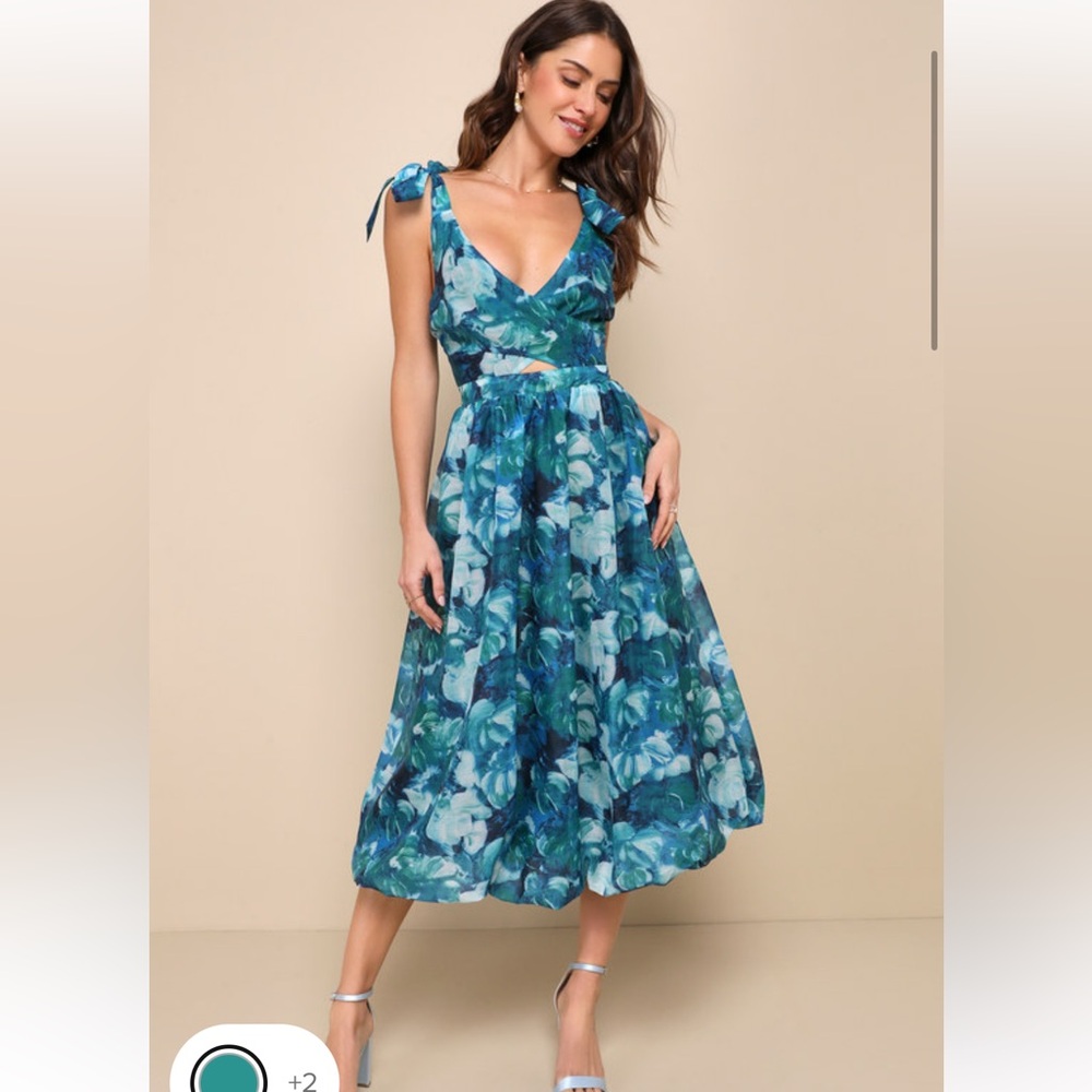 Flowering day dream teal blue floral organza midi bubble dress